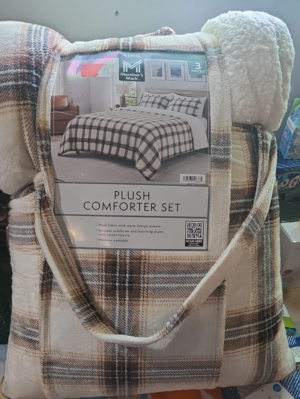 Plush Comforter Set - Cream & Brown Plaid (King)